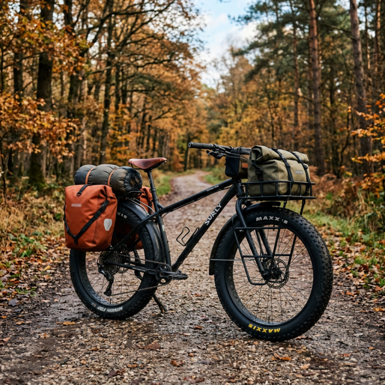 Black Surly fat tire bike loaded with panniers and gear on a forest trail